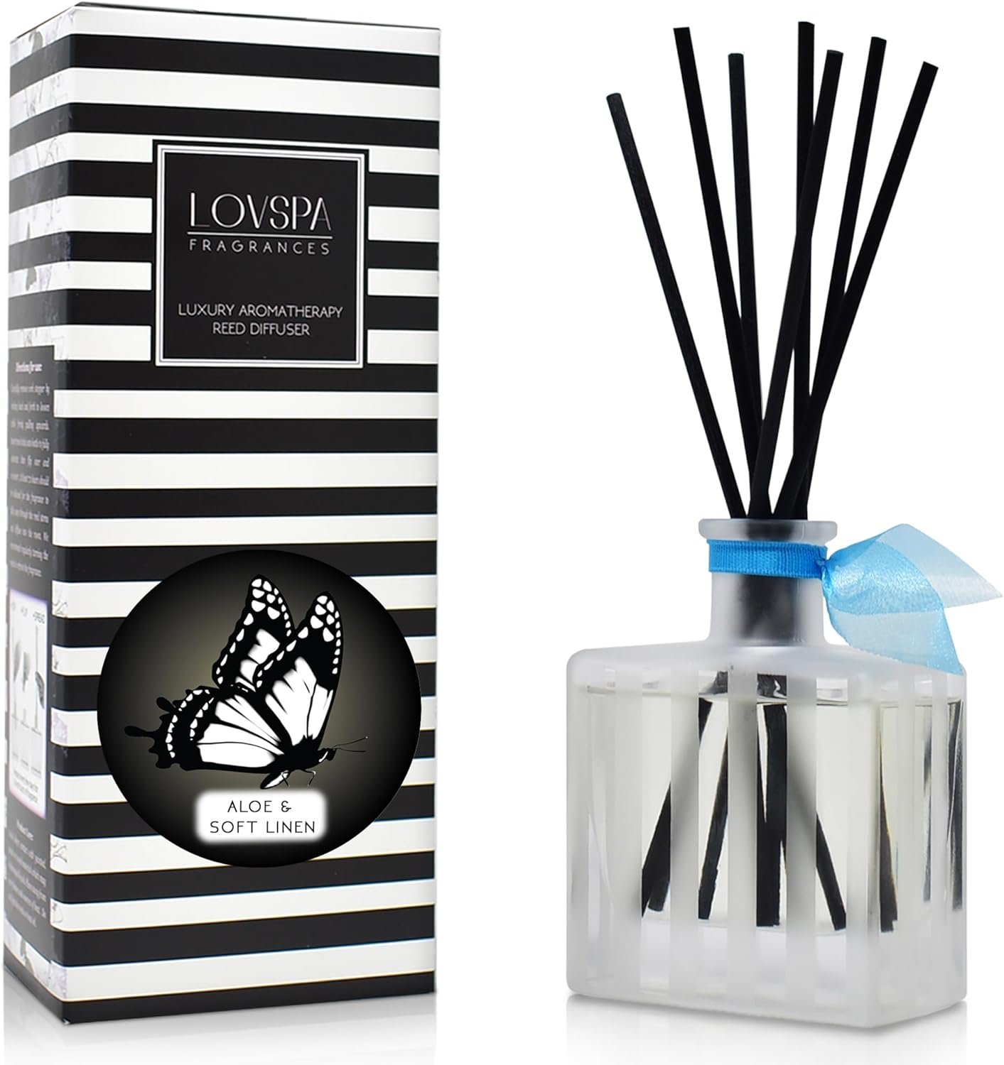 LOVSPA Reed Diffuser Set, Aloe & Soft Linen Scented Oil Diffuser with Sticks, Home Fragrance Accessories for Bathroom Shelf Decor, Aroma Diffusers for Home or Office Desk, USA Made