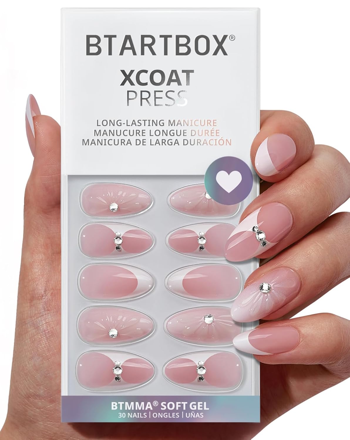 BTArtbox French Tip Press On Nails - Lamp-Curable 3D Medium Almond Press On Nails with Glue for Women, Semi-Transparent Soft Gel Glue On Nails in 15 Sizes - 30 Stick On Nails Kit, Prom Queen