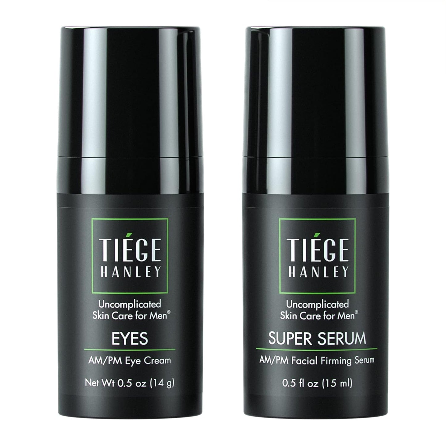 Tiege Hanley Morning and Night Facial Firming Serum (SUPER SERUM) and Eye Cream (EYES) for Men | Anti-Aging Pack | Sodium Hyaluronate and Retinyl Palmitate for Tighter, Smoother Skin | Caffeine to Fight Dark Circles | 0.5 ounces each