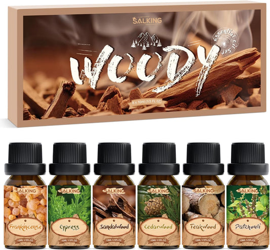 SALKING Woody Essential Oils Gift Set, Natural and Pure Aromatherapy Fragrance Oils for Diffuser, Humidifier, Massage- Frankincense, Teakwood, Sandalwood, Cypress, Cedarwood, Patchouli