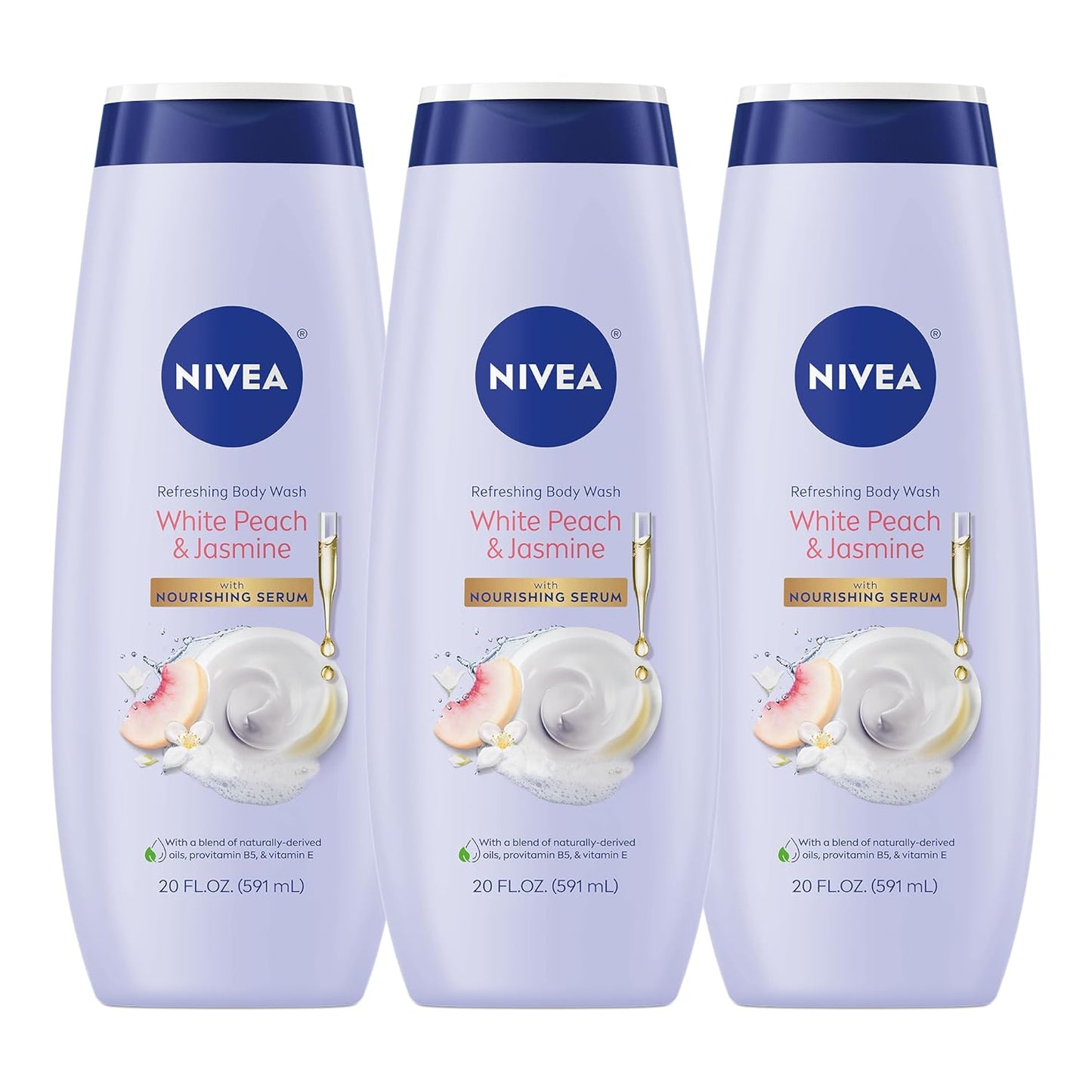 NIVEA Refreshing White Peach and Jasmine Body Wash with Nourishing Serum, Scented Body Wash for Women, Enriched with Provitamin B5 and Vitamin E, 20 Fl Oz Bottle, 3 Pack