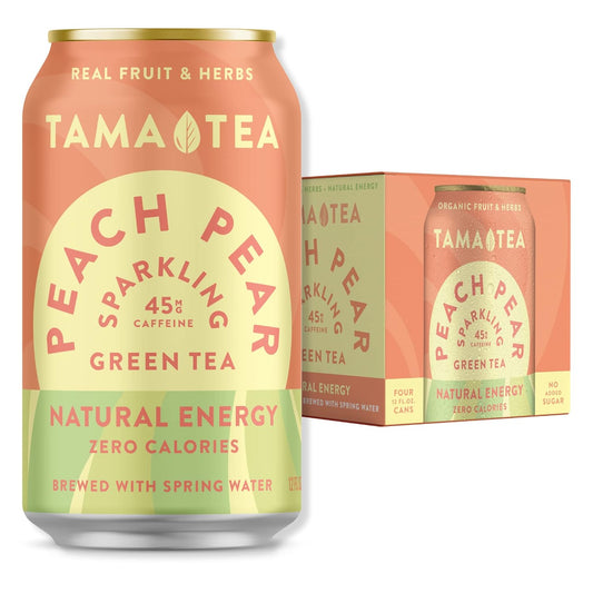 Tama Tea Sugar-Free Sparkling Green Tea, Peach Pear – Organic & Naturally Energizing – Zero Calories, Zero Carbs, Non-GMO – Antioxidant-Rich with 45mg Natural Caffeine – 12 oz Cans (12-Pack)