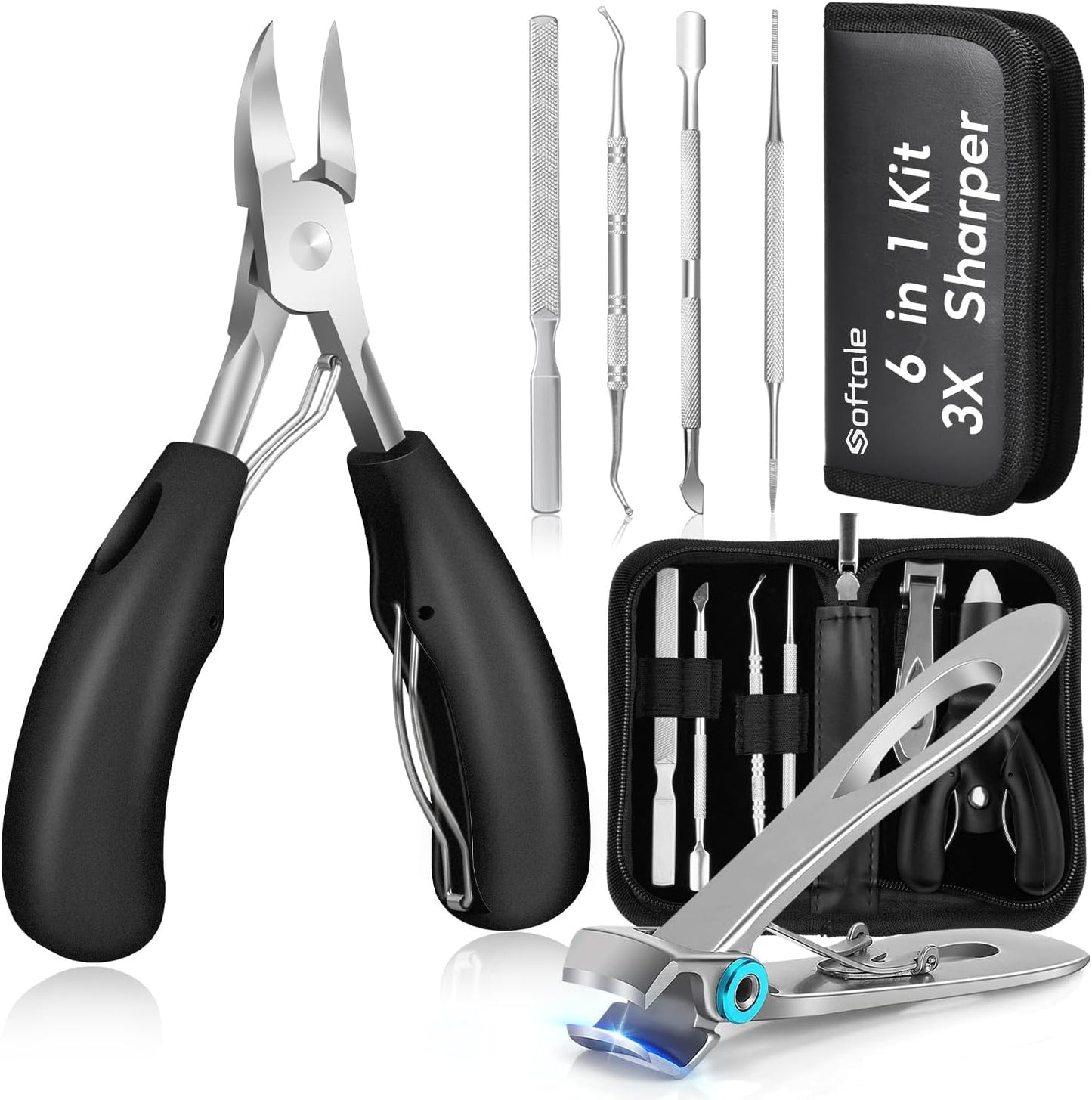Toenail Clippers for Seniors Thick Toenail, Podiatrist Toe Nail Clipper Kits for Adult, Men, Women, Super Sharp Curved Blade Large Nail Tools, at Home Ingrown Toenail Remove Kit, 6 Pieces