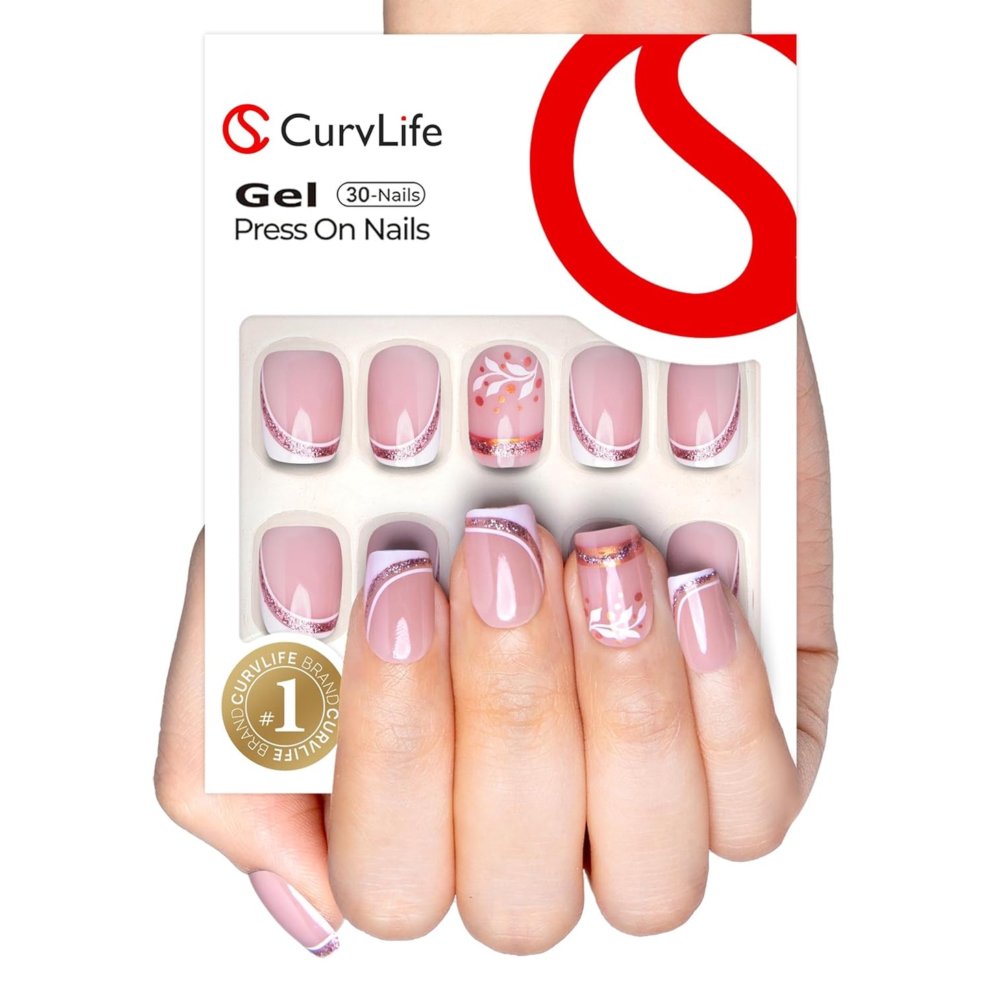 Curvlife Soft Gel Press on Nails, 30Pcs 15 Sizes Gold Edge Flower Style French Nail Tips, Full Cover Design Reusable Fake Nails Kit with Glue and Adhesive Tabs