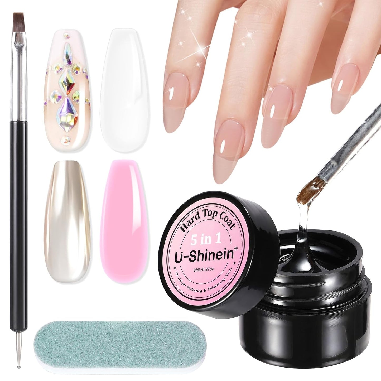 Builder Top Coat Gel, 5 in 1 Non Sticky Builder Nail Gel High Gloss Long-Lasting No Wipe Top Coat Clear Nail Gel for Nail Thickening Chrome Powder Soak Off UV Nail Strengthener 8ML