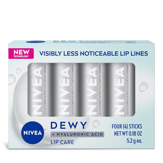 NIVEA Dewy Lip Balm with Hyaluronic Acid, Lightweight and Ultra-Hydrating for All Day Moisture, Leaves Visibly Less Noticeable Lip Lines and No Waxy Feel, 0.18 Oz, Pack of 4
