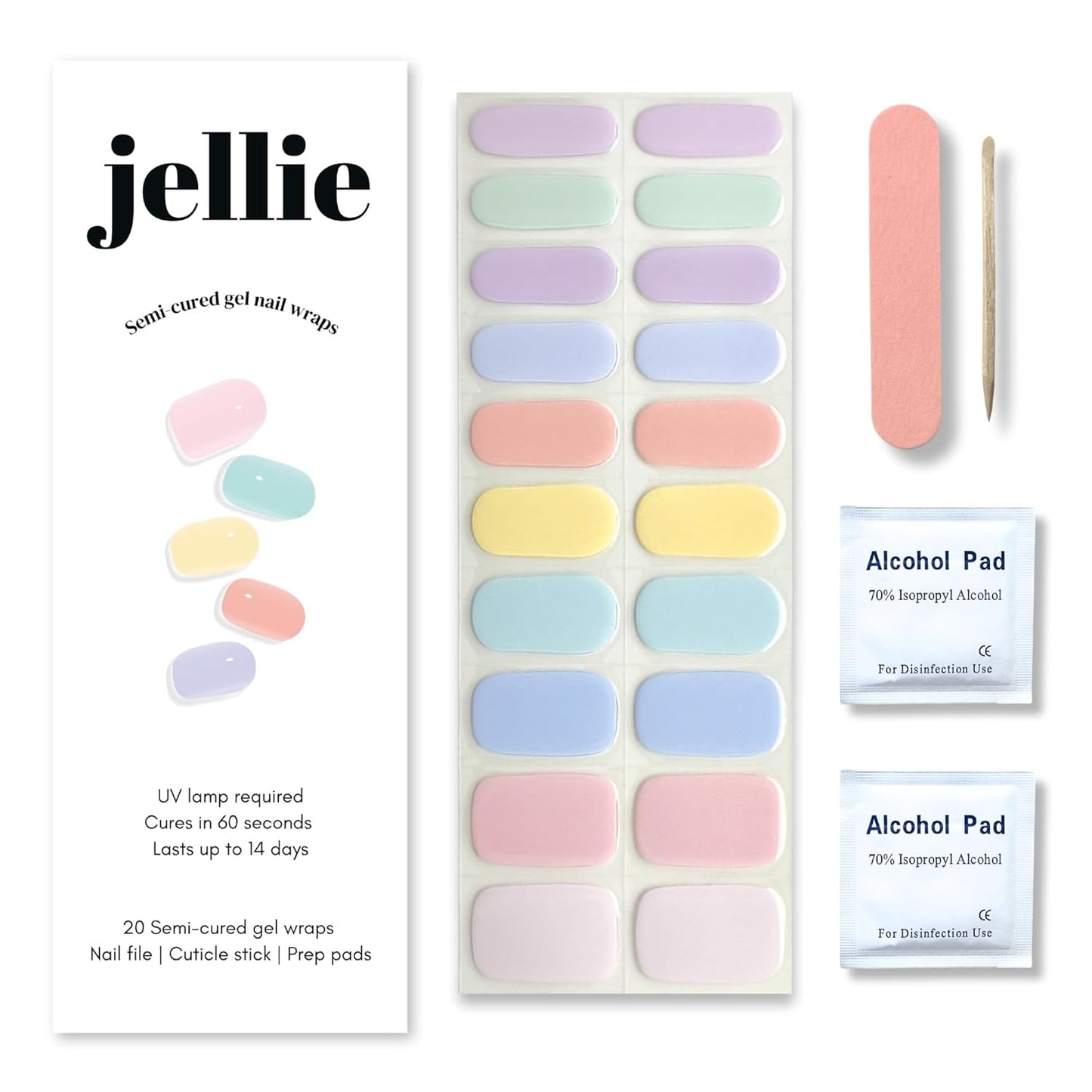 Semi-Cured Gel Nail Strips – 20 Extra-Long Nail Wraps in 10 Sizes – Real Gel Polish Stickers for DIY Manicure at Home – UV/LED Lamp Required – Long-Lasting, Easy to Apply, No Nail Damage