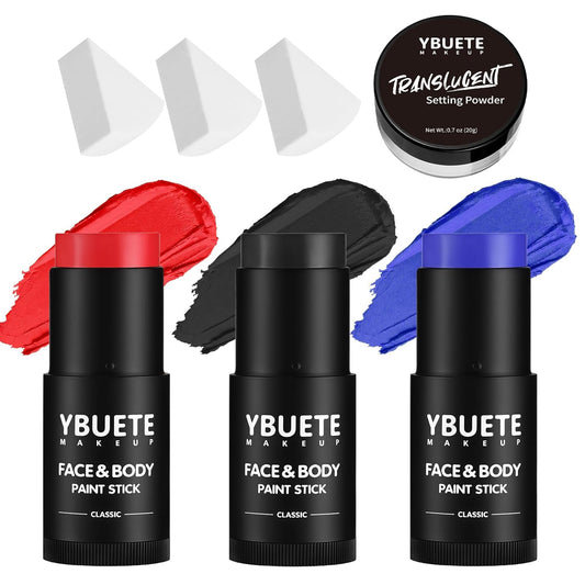 Red Black Blue Face Body Paint Stick Set with Translucent Setting Powder and Sponges, Professional Full Coverage Face Painting for Adults Halloween Cosplay SFX Joker Skull Monster Makeup