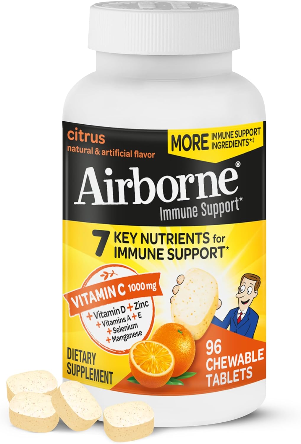 Airborne Vitamin C 1000mg (per Serving) - Citrus Chewable Tablets (96 Count in a Box) - Packaging May Vary