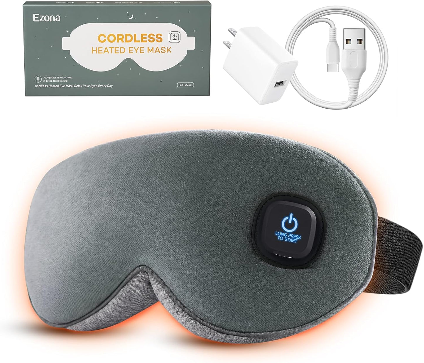 Ezona Cotton Cordless Heated Eye Mask, 2000mAh Warm Eye Compress Mask for Dry Eyes, Washable Eye Heating Pad for Travel, MGD,Blepharitis, Sinus Migraine with 10W Charger（Gray）