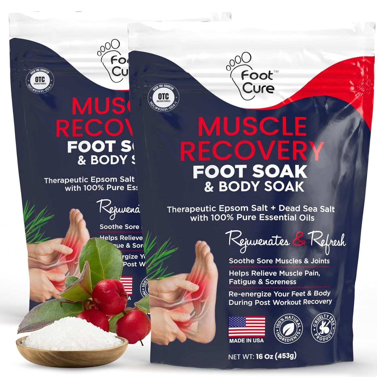 FOOT CURE Muscle Care Foot Soak with Epsom Salts – Refreshing Blend for Relaxation & Foot Care – Helps Soften Skin – Soothes Tired Feet, Invigorating Scent, Spa Pedicure – 16 oz (Pack of 2)