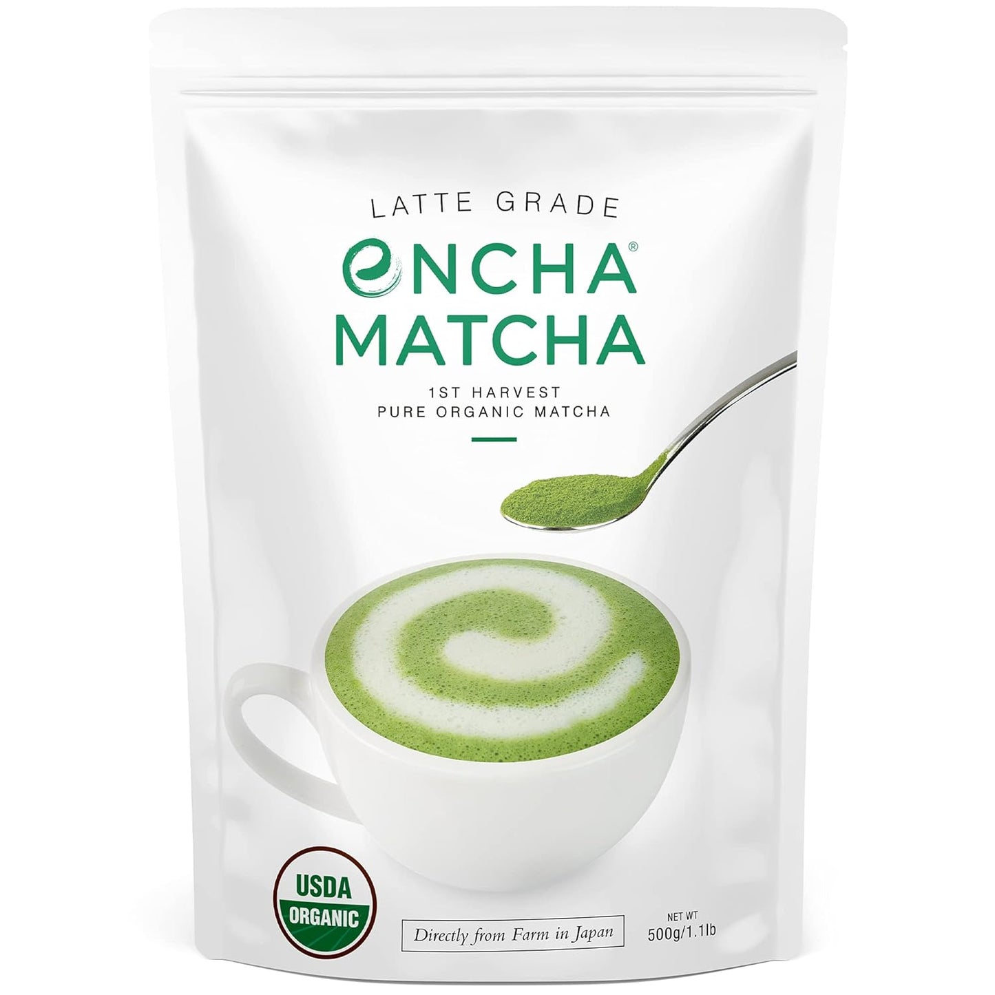 Encha Latte Grade Matcha Powder - First Harvest Organic Unsweetened Matcha Green Tea, From Uji, Japan (500g / 1lb) Premium Powder for matcha Latte, Smoothie | Caffeine, L-Theanine