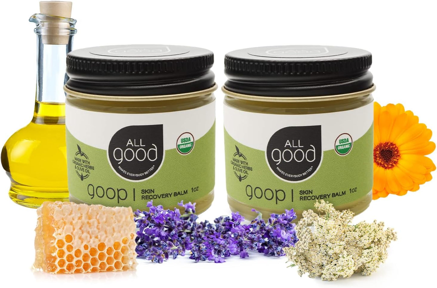 All Good Goop Organic Skin Care Recovery Balm - All Purpose Ointment w/Calendula, Lavender, Beeswax - Chafing Cream, Dry Skin Salve, Cracking Lip Moisturizer - Soothes, Hydrates & Calms - 1oz, 2-pack
