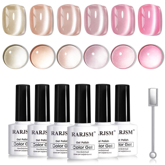 RARJSM Nude Jelly Glass Cat Eye Gel Nail Polish Set 6Pcs Champagne Gold Rose Blush Metal Pink Red Smoothie Ceramics Cateye Silver Glitter Gelpolish with Magnetic Stick UV LED Curing Require Home Salon