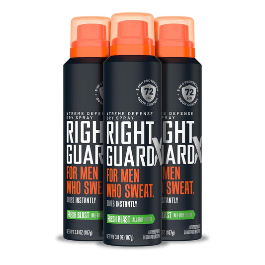 Right Guard Xtreme Defense Dry Spray Deodorant Antiperspirant, Fresh Blast Scent - 5-in-1 Deodorant Men Can Trust, Blocks Sweat 2X Longer,72-Hour Odor Control, 3.8 oz (3 Pack)