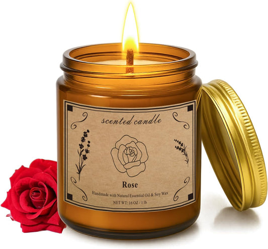 Scented Candles Gift, 16oz Large Jar Scented Candle – Rose Soy Wax Candle with 100 Hour Burn Time, Long Lasting Aromatherapy Candle for Romantic Home Fragrance, Bedroom Décor & Gift for Her/Him