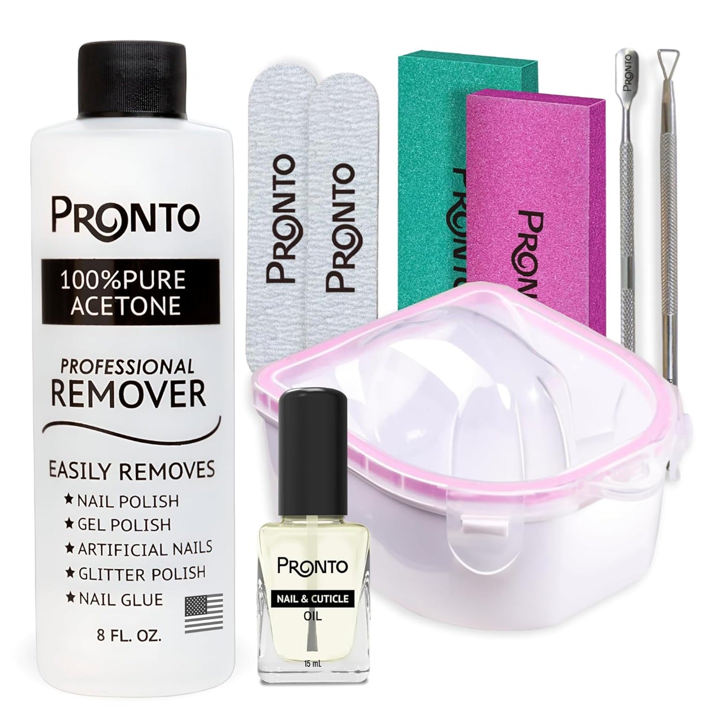 Pronto Gel Nail Polish Remover Kit – 8 Oz Pure Acetone 100 Percent, Nail File, Nail Polish Soak Off Bowl, Cuticle Oil for Nail Care + Manicure Set with Nail Buffer Block, Cuticle Pusher & Nail scraper