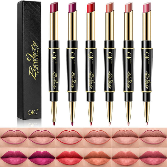 6Pcs Lip Liner and Lipstick Makeup Set, Purple Red/Claret/Vermilion/Pastel Orange/Rose/Ruby Red Lipstick Pen and with Lip Liner Pencil Set Lip Gift Set for Daily/Travel/Party/Work