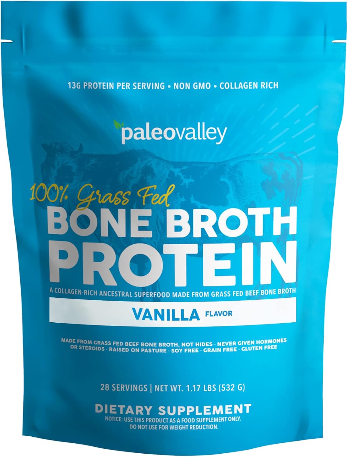 Paleovalley 100% Grass Fed Beef Bone Broth Protein Powder - Rich in Collagen Peptides for Hair, Skin, Gut Health, Bone and Joint Support - 15g Protein Per Serving - No Gluten or GMOs - Vanilla