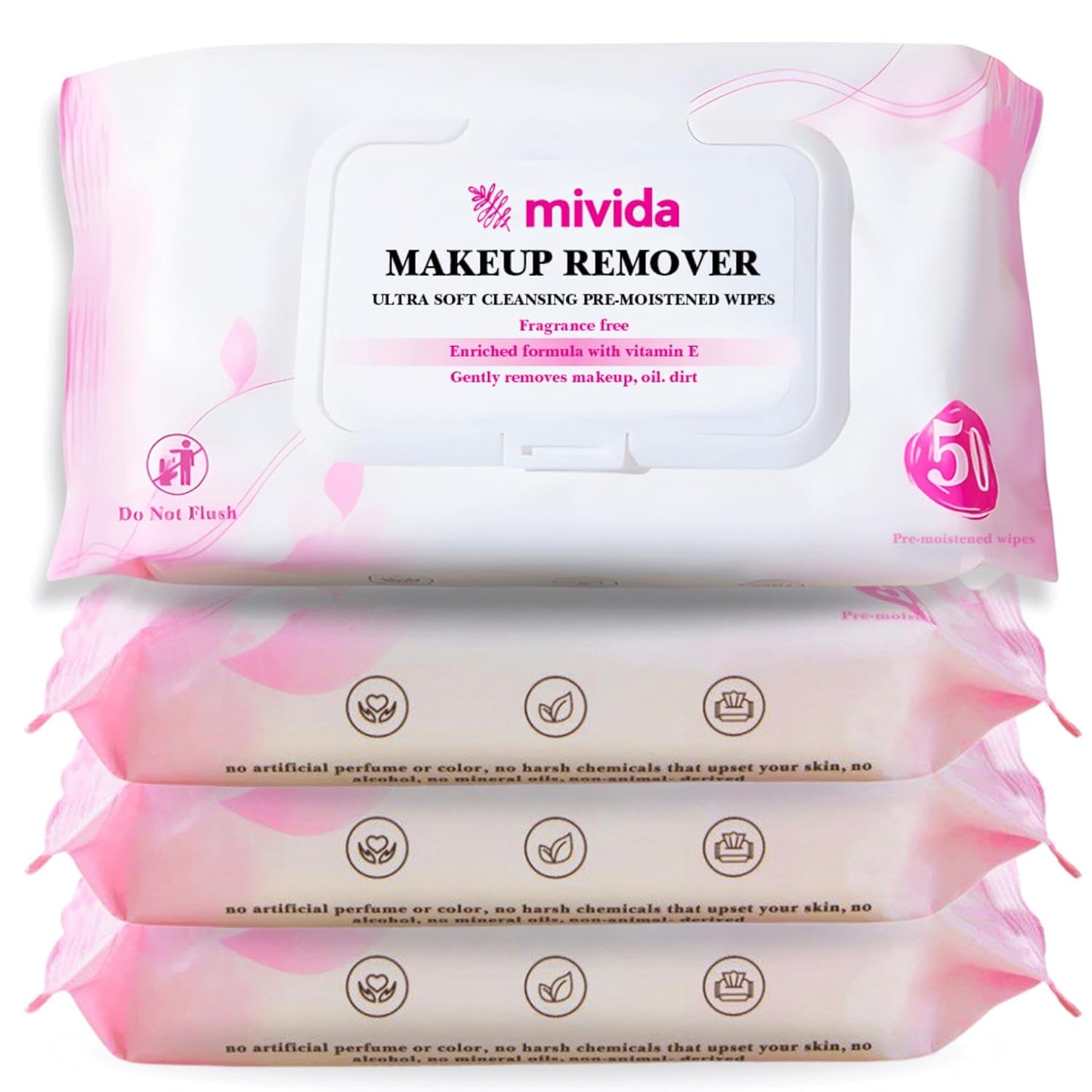mivida Hypoallergenic Makeup Remover Wipes with Vitamin E | 4x50 count Total 200 bulk make up removing Wipes | Fragrance Free makeup wipes