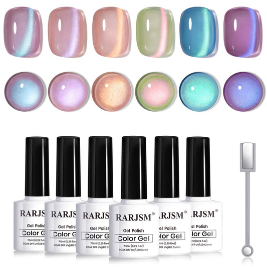RARJSM Aurora Mermaid Cat Eye Gel Nail Polish Set 6pcs Reflective Pink Purple Green Blue Diamond Ceramic Glitter Glass Cateye Gelpolish with Magnet Stick 7.5ml Curing Requires Soak Off for Home Salon