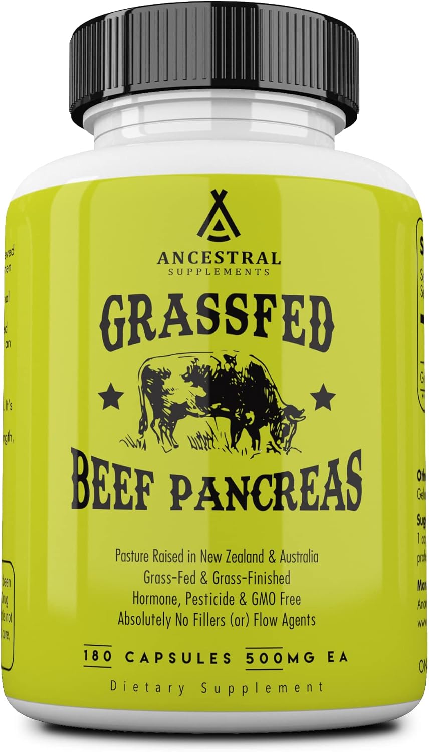 Ancestral Supplements Grass Fed Beef Pancreas Supplement, 500mg, Pancreatic Support with Proteolytic Digestive Enzymes for Digestion Support, Including Trypsin, Non GMO, 180 Capsules