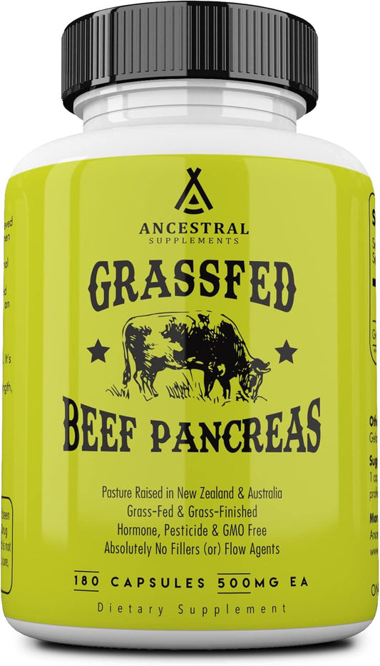 Ancestral Supplements Grass Fed Beef Pancreas Supplement, 500mg, Pancreatic Support with Proteolytic Digestive Enzymes for Digestion Support, Including Trypsin, Non GMO, 180 Capsules