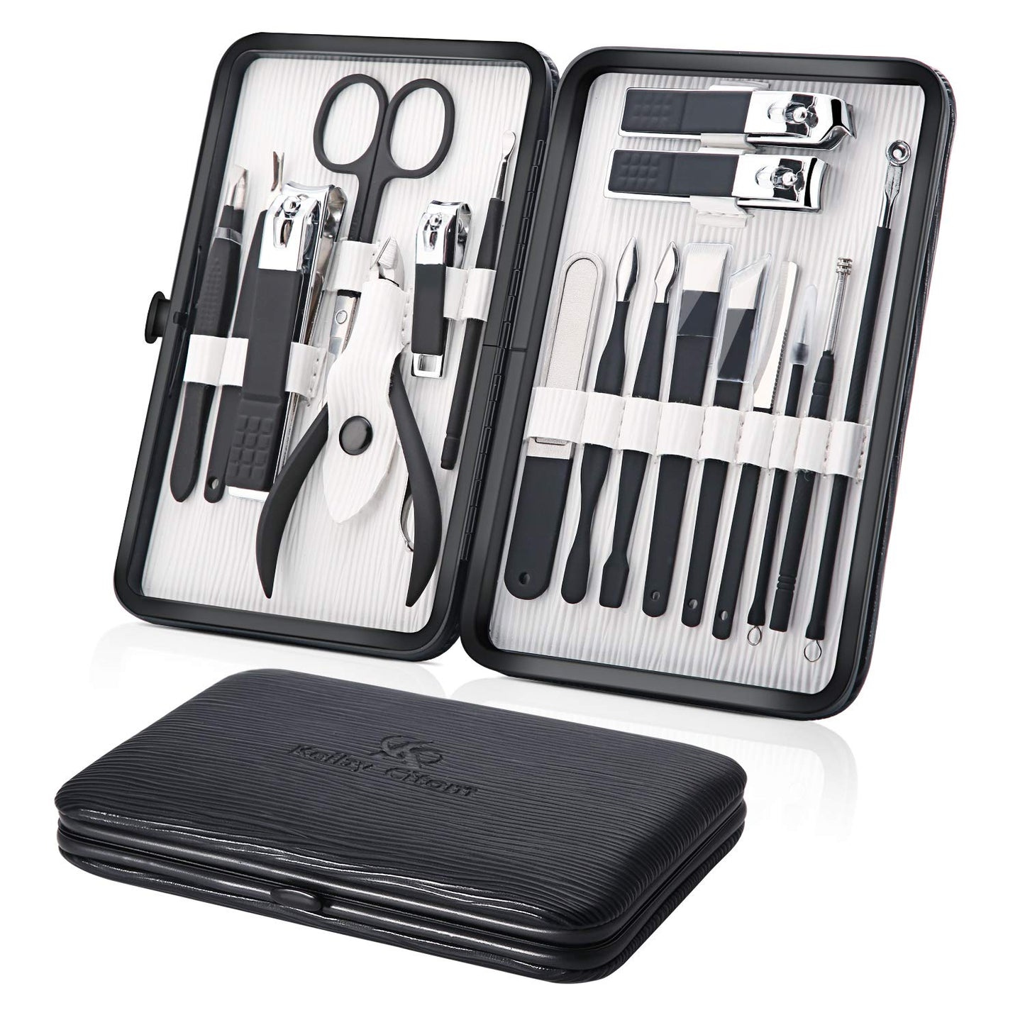 Professional Stainless Steel Nail Clipper Travel & Grooming Kit Nail Tools Manicure & Pedicure Set of 18pcs with Luxurious Case (Black/White)