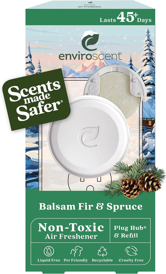 Enviroscent Non Toxic Air Freshener Plug-in Home Fragrance Last 45+ Days | Kit includes 1 Refillable Plug In Warmer & 1 Scent Refill (Balsam Fir & Spruce)