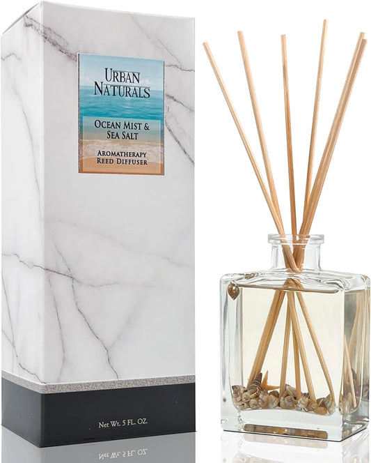 Urban Naturals Ocean Mist & Sea Salt Reed Diffuser Set – Made with Essential Oils & Real Botanicals – Sleek Rectangular Refillable Glass Bottle – Made in The USA