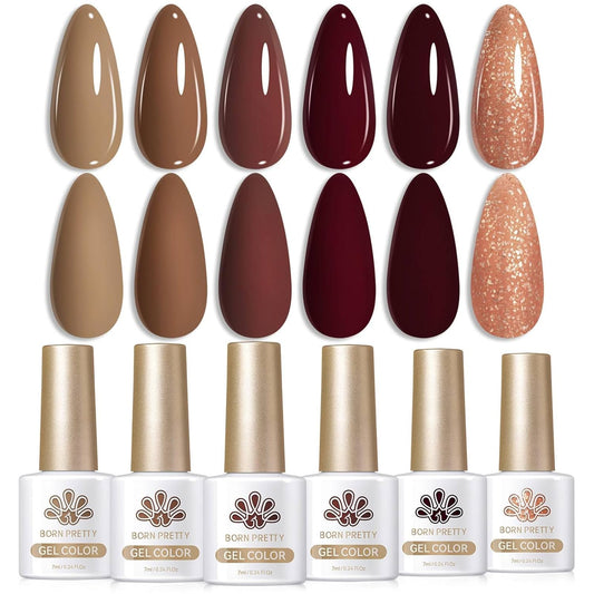 Born Pretty Fall Winter Gel Nail Polish Burgundy Wine Red Caramel Brown Coffee Autumn Gel Polish Set Gel Nail Kit Christmas Gift Nail Art Manicure Collection 6PCS 7ML