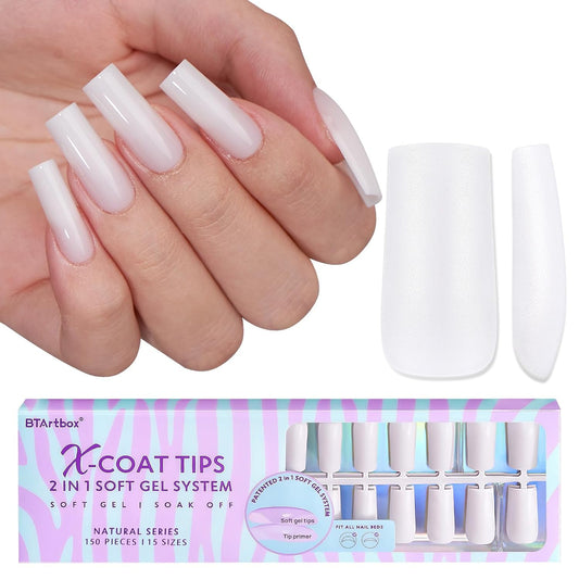 BTArtboxnails Square Gel Nail Tips Long - Pre Colored Milky White Soft Gel Nail Tips, Milky White Press on Nails, Natural XCOATTIPS