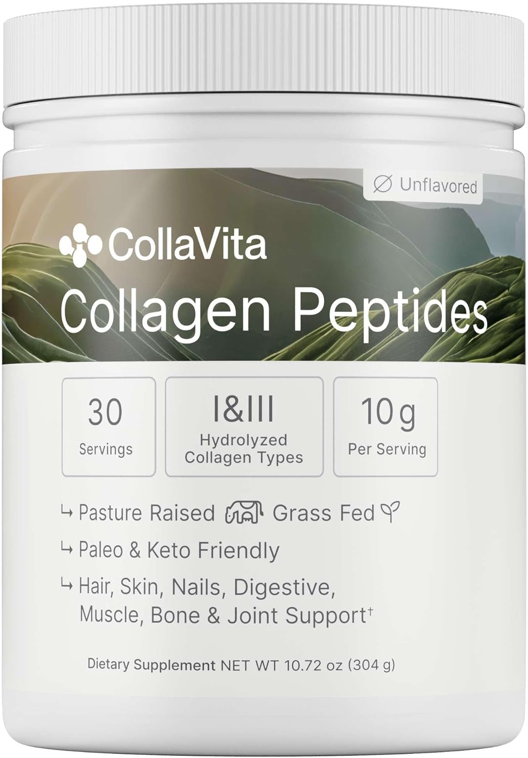 Collagen Peptides Powder Grass-Fed Pasture-Raised Hydrolyzed Collagen Powder, Type I & III Hair, Nails, Skin and Joints, Non-GMO, Paleo & Keto, Unflavored, 10 Fl oz. 30 Servings