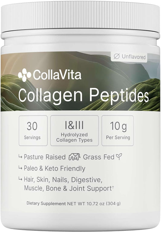 Collagen Peptides Powder Grass-Fed Pasture-Raised Hydrolyzed Collagen Powder, Type I & III Hair, Nails, Skin and Joints, Non-GMO, Paleo & Keto, Unflavored, 10 Fl oz. 30 Servings