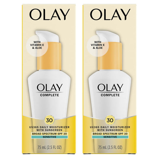 Olay Face Moisturizer, Complete with Sunscreen SPF 30, Fragrance-Free for Sensistive Skin, Broad Spectrum Sun Protection, Long-Lasting Hydration, Non-Comedogenic - Vitamin E & Aloe - 2.5 Oz - 2 Pack