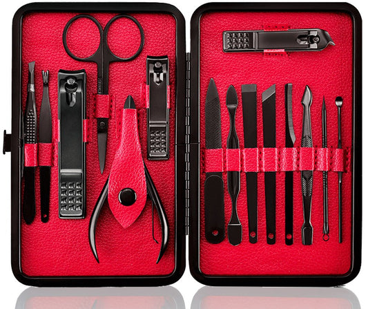 Professional Stainless Steel Nail Clipper Travel & Grooming Kit Nail Tools Manicure & Pedicure Set of 15pcs with Luxurious Case (Black/Red)