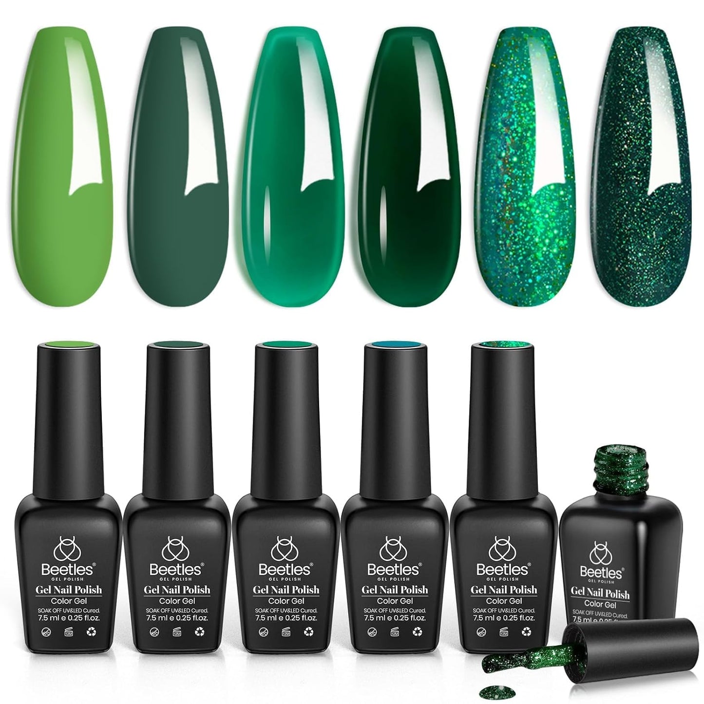 Beetles Carnival Evergreen Gel Nail Polish Set 6 Pcs Glitter Green Sparkle Gel Polish Kit Soak Off UV Nail Lamp Avocado Dark Green Nail Gel Nail Kit Nail Art Design