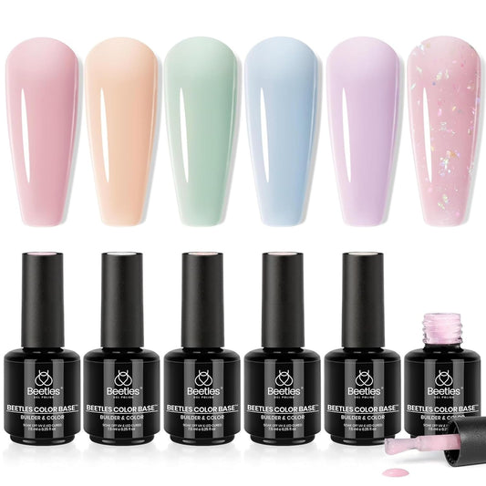 Beetles Base Color Gel Nail Polish, 6 Colors Nude Jelly Pink Glitter Pastel Neutral Sheer French Tips 5 in 1 Rubber Base Gel Polish Soak Off Uv Nail Art Design Nail Strengthener
