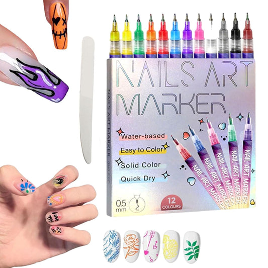 Nail Polish Markers, 12 Colors Nail Art Pens Set, 3D Nail Art Markers Polish Pen for Graffiti Dotting Drawing Painting Liner DIY Art Tools Kit for Home Nail Salon (1pcs)