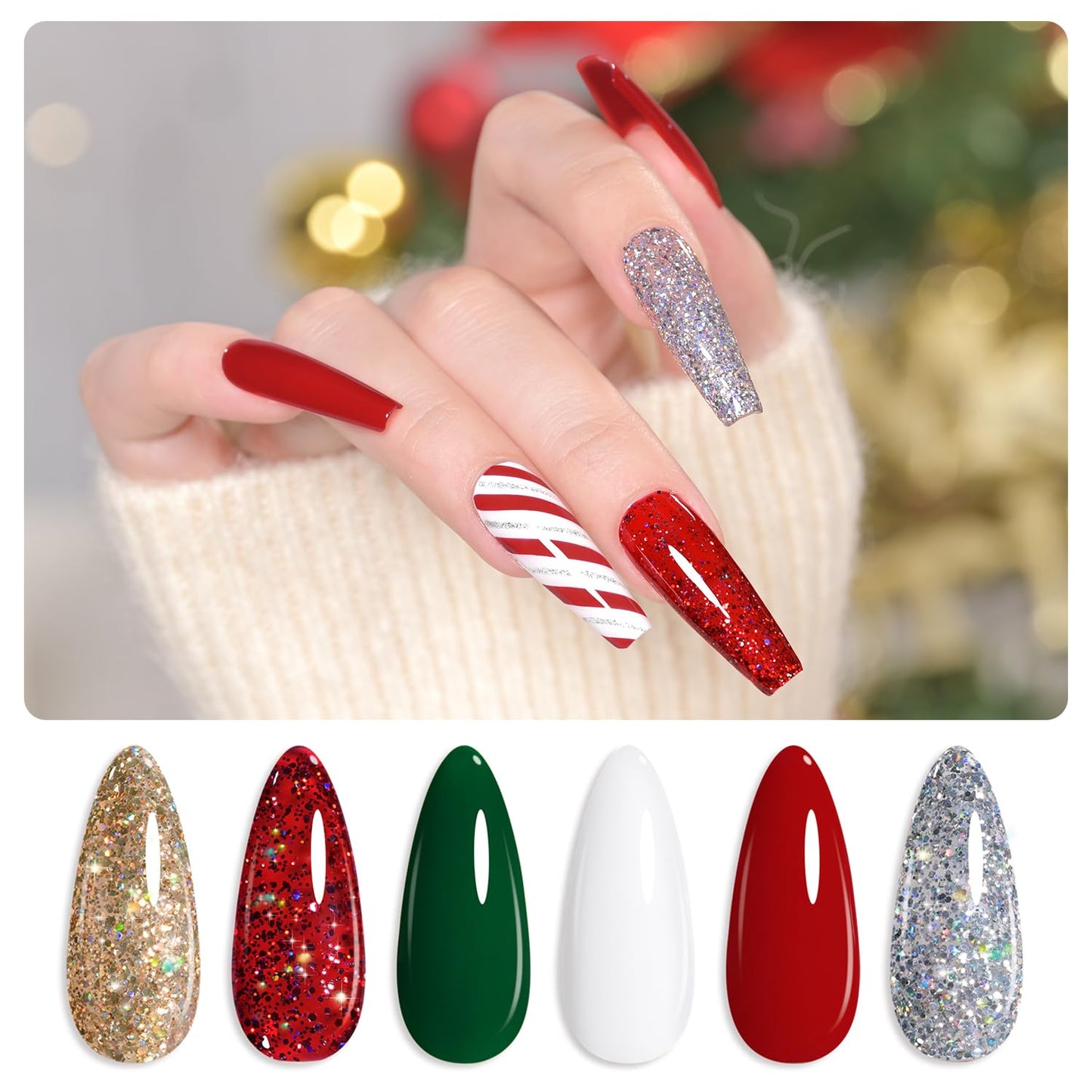 GAOY Glitter Gel Nail Polish Set of 6 Colors Including Red Green White Gold Sliver Chrome Platinum UV LED Soak Off Sparkly Home DIY Manicure