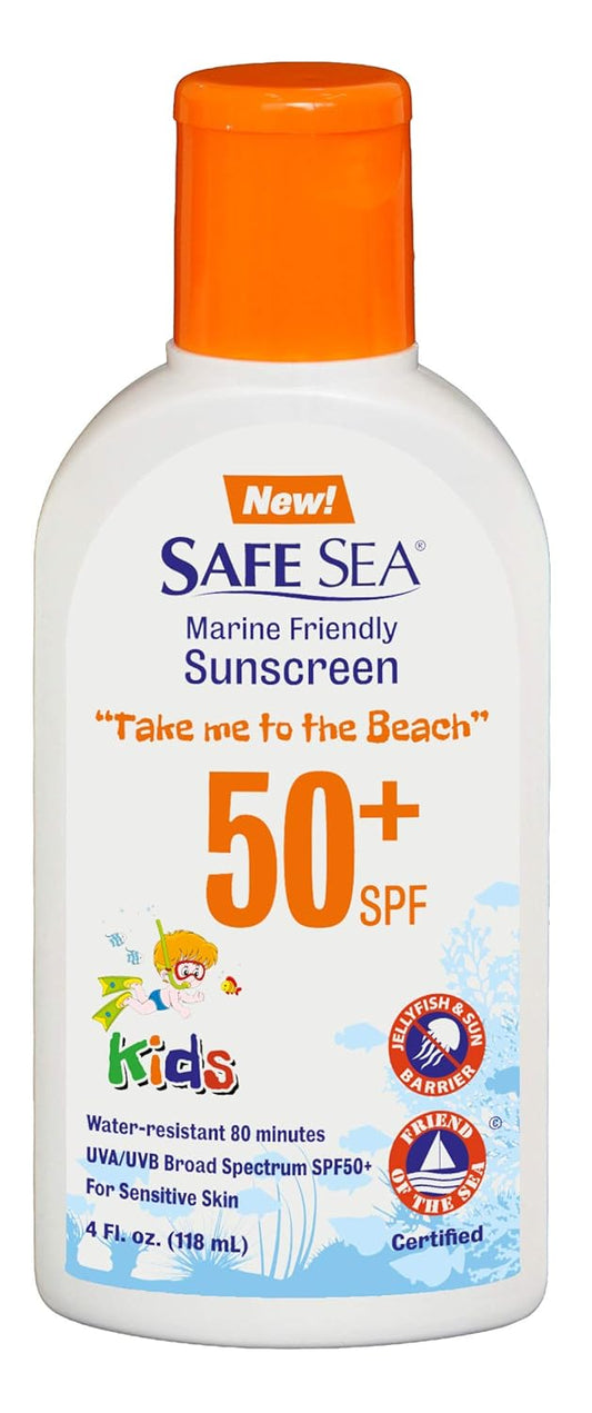 Safe Sea Jellyfish Sting-Blocking Sunscreen for Kids, SPF 50+ Lotion 4oz, Waterproof, Biodegradable, Coral Reef-Safe – Body and Face Sunscreen, Anti-Jellyfish and Sea-Lice sting protection.