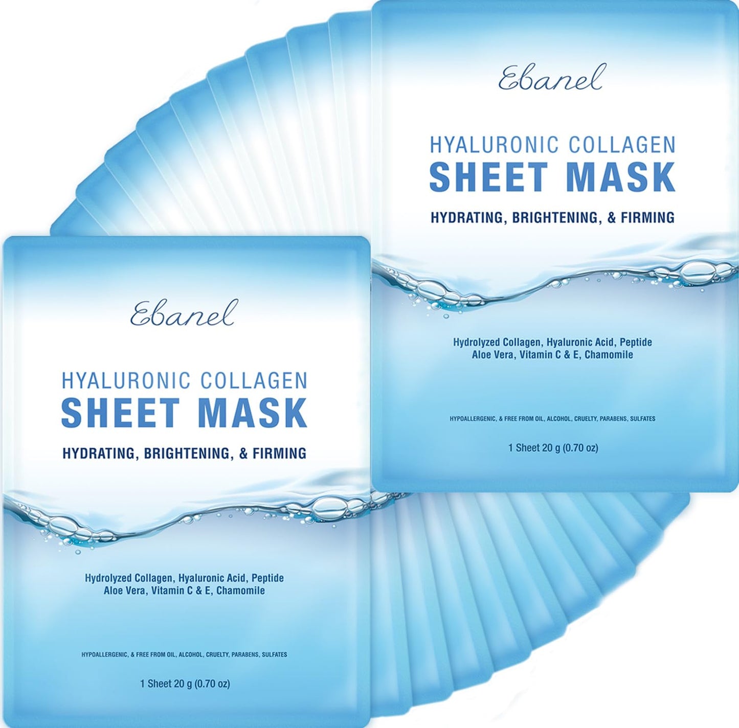 Ebanel 20 Pack Collagen Face Mask with Hyaluronic Acid, Vitamin C, Peptide, Aloe, Instant Brightening Hydrating Face Masks Skincare Korean Sheet Mask, Skin Firming, Lifting Anti Aging Facial Masks