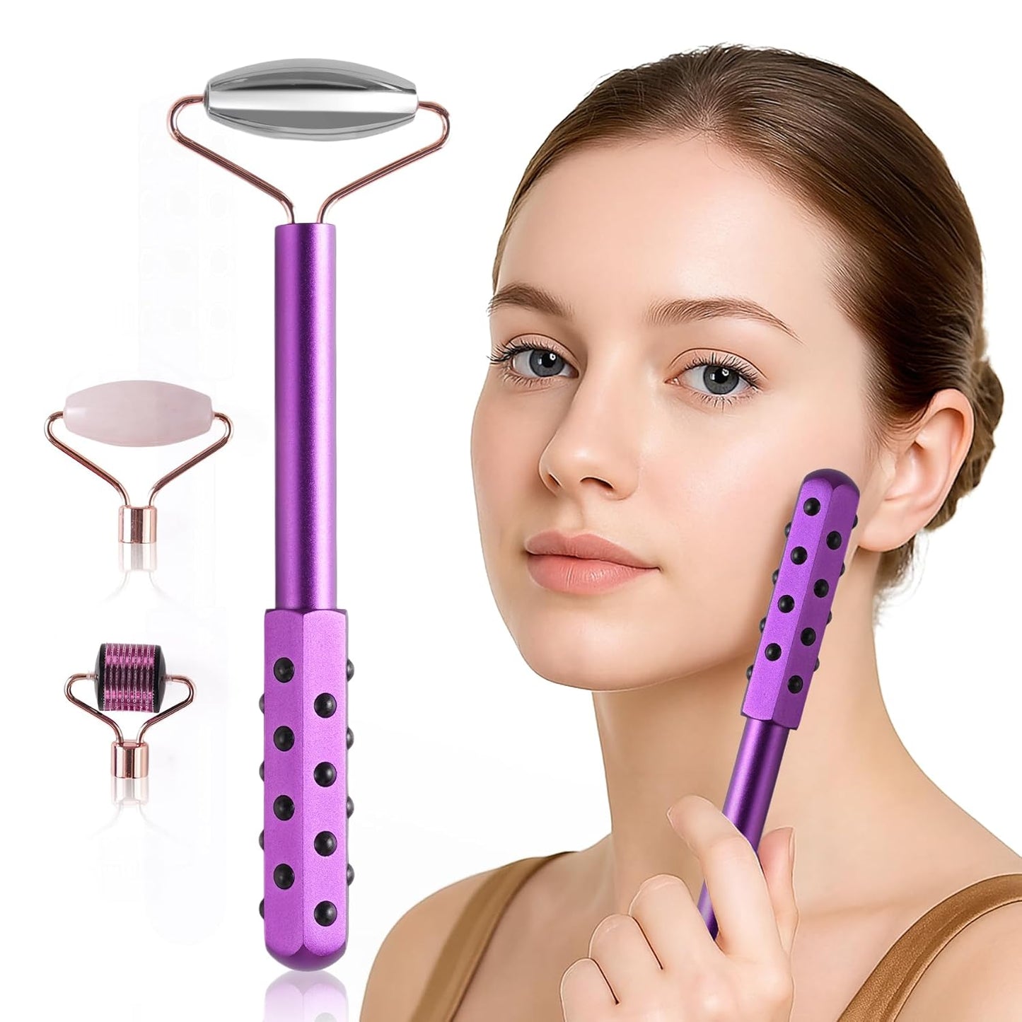 4-in-1 Germanium Stone Face Massager Beauty Roller for Up Lifting and Skin Care, Anti-Aging Beauty Tool with 3 Replaceable Heads - Jade Stone, Stainless Steel and 0.25mm Microneedle