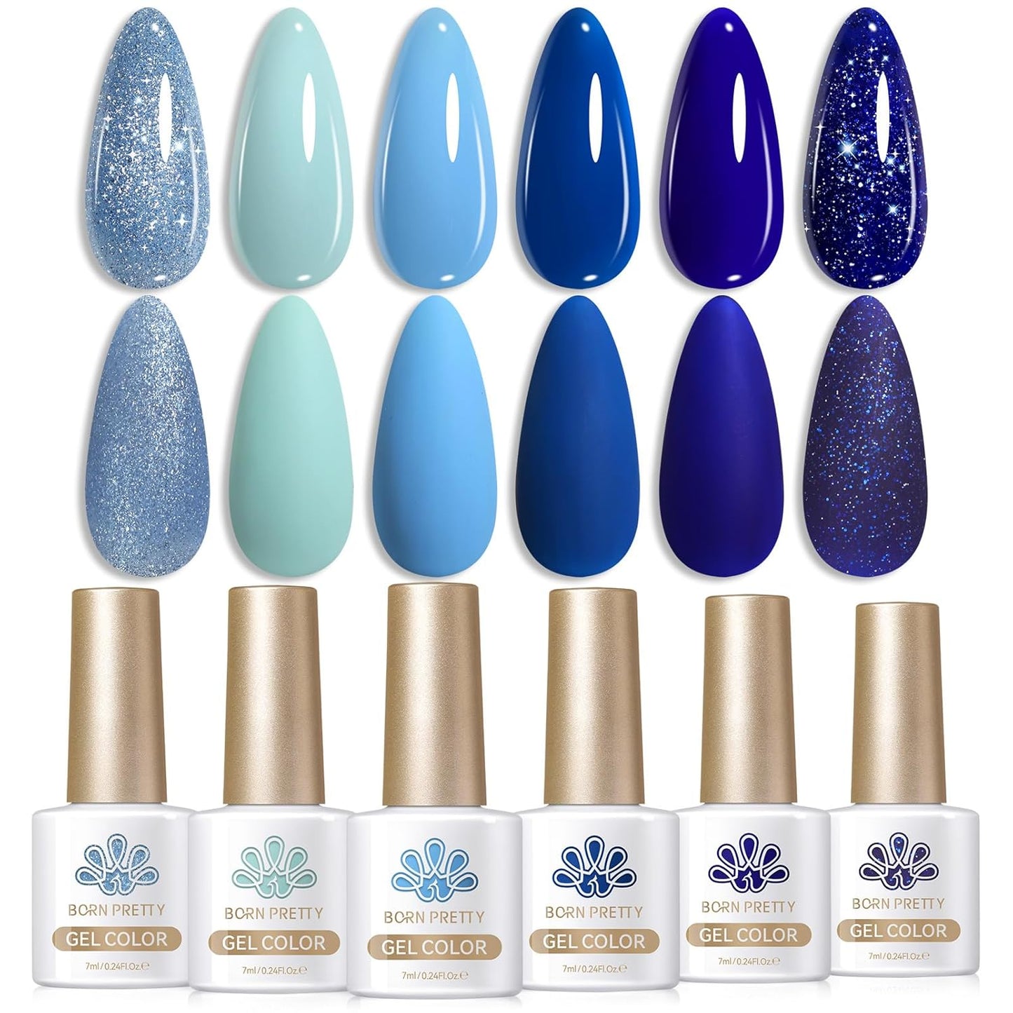BORN PRETTY Blue Gel Nail Polish Set 6 Colors Light Blue Baby Blue Royal Blue Reflective Glitter Blue Nail Gel Kit Soak Off Nail Art Manicure Design Home Salon Holiday Gift