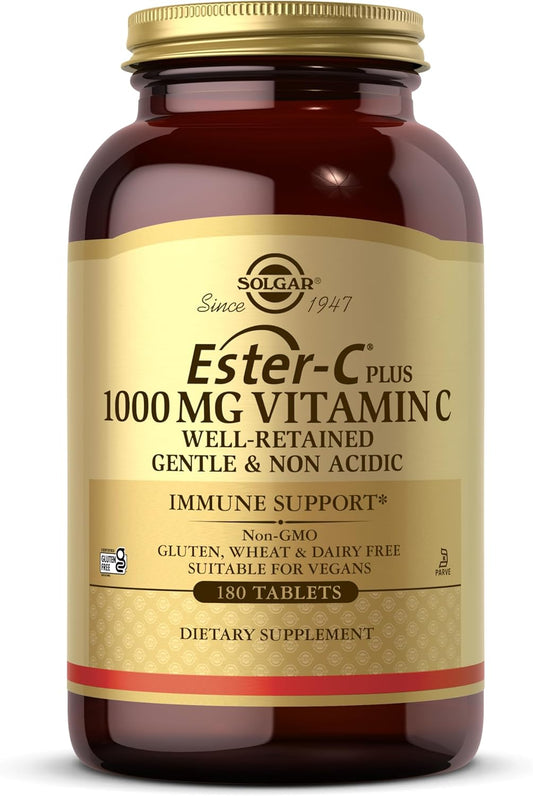 Solgar Ester-C Plus 1000 mg Vitamin C (Ascorbate Complex) - 180 Tablets - Gentle & Non Acidic - Supports Upper Respiratory Health - Non-GMO, Gluten-Free - 180 Servings