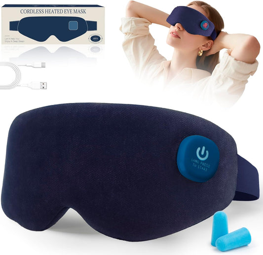 Cordless Heated Eye Mask, Warm Eye Compress for Dry Eyes, Blocking Light Sleeping Mask for Women Men, Washable Eye Heating Pad for Travel, Dry Eyes, Blepharitis, Sinus Migraine (Blue)