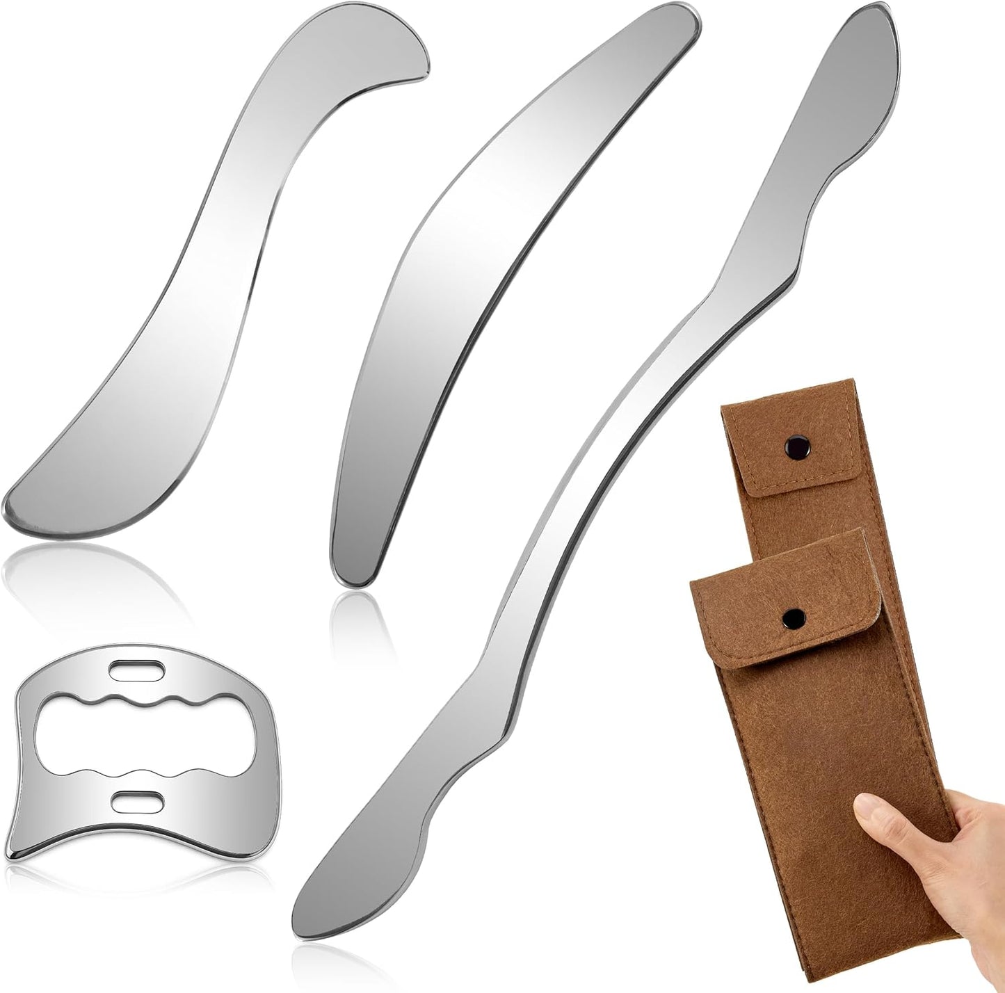 Muscle Scraper Tool, 4 in 1 Gua Sha Body Tool with Long Bar and Derma Edge for Physical Therapy, Multi-Functional Stainless Steel Gua Sha Tool with Storage Bag for Elbows, Wrists, Knees, and Back