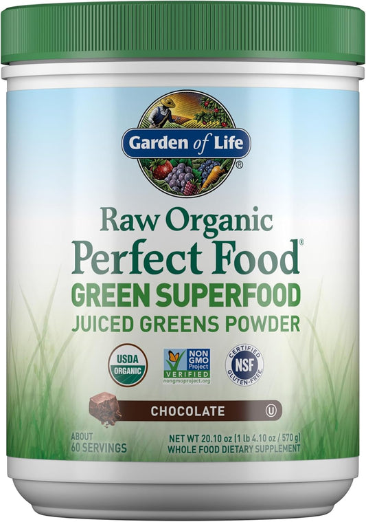 Garden of Life Raw Organic Perfect Food Green Superfood Juiced Greens Powder - Chocolate, 60 Servings, Non-GMO, Gluten Free, Vegan Whole Food Dietary Supplement Plus Probiotics, Enzymes