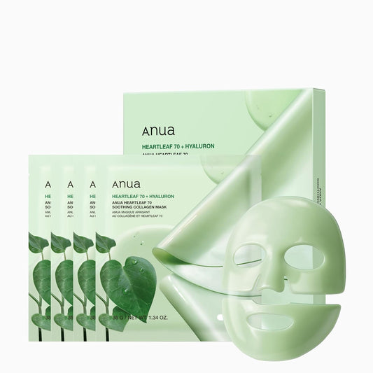 ANUA Heartleaf 70 Soothing Collagen Mask, Overnight Face Mask for Glass Skin, hyaluronic acid, Collagen, Soothing & hydration Facial Mask for Sensitive Skin, Natural Color, Korean Skin Care (38g, 4ea)