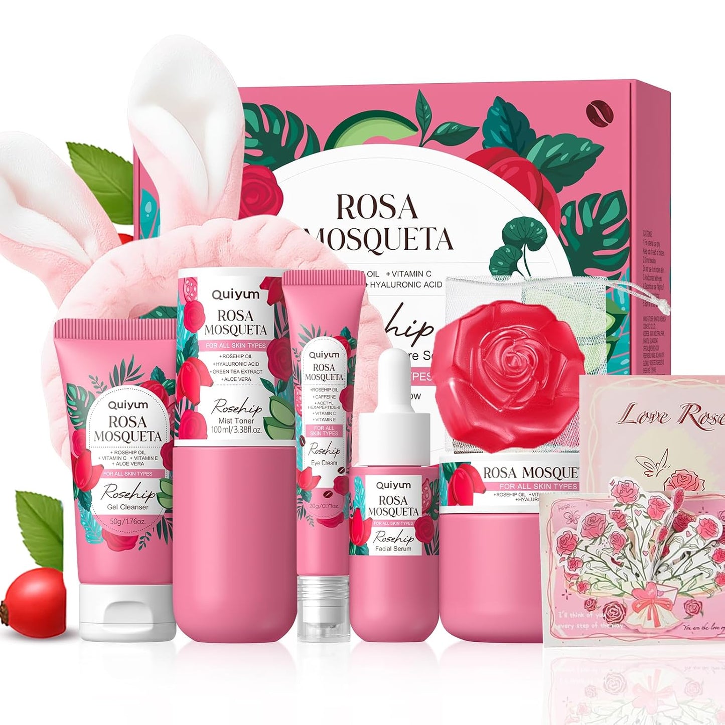 Rosehip Skin Care Sets, Gift Sets for Women, 6 Daily Routine Beauty Skincare- with Face Cleanser, Toner, Eye Cream, Cream, Serum, Handmade Soap, Facial Skin Care Product for Travel